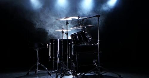 Professional Drums in the Studio. Black Smoky Background. Back Light - N29G5JA