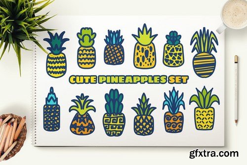 Cute Hand Drawn Pineapples Set