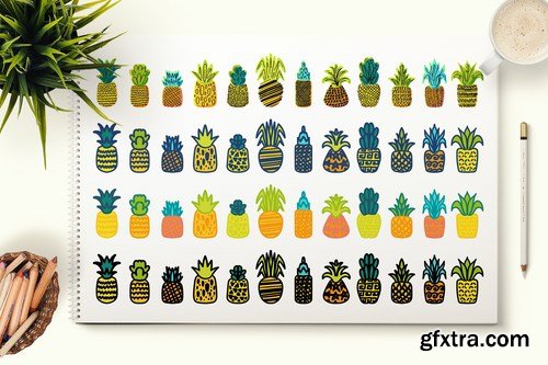 Cute Hand Drawn Pineapples Set