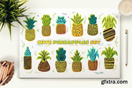 Cute Hand Drawn Pineapples Set