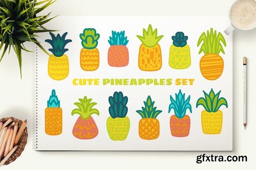 Cute Hand Drawn Pineapples Set