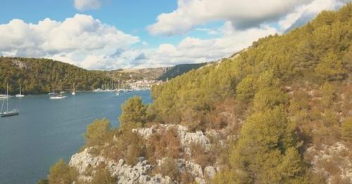 Aerial Panorama View with Bridge and Sea Around Islands. Beautiful Landscape Surrounded with Blue - VEDFPSB