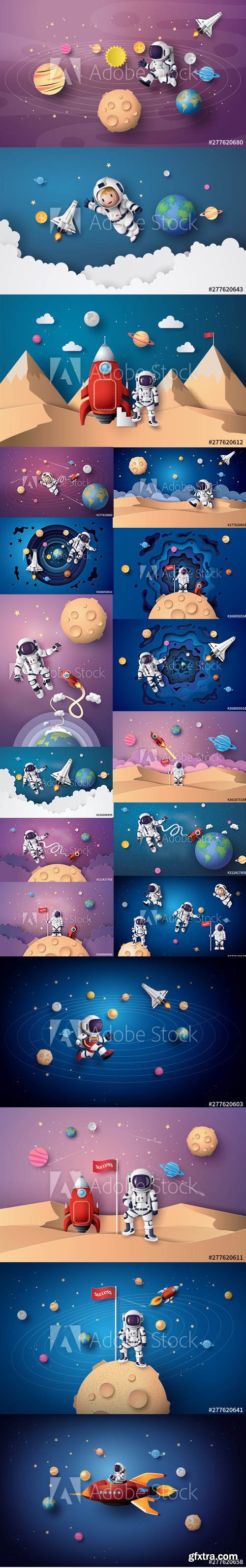 Set of Astronaut Floating in the Stratosphere and on the Moon