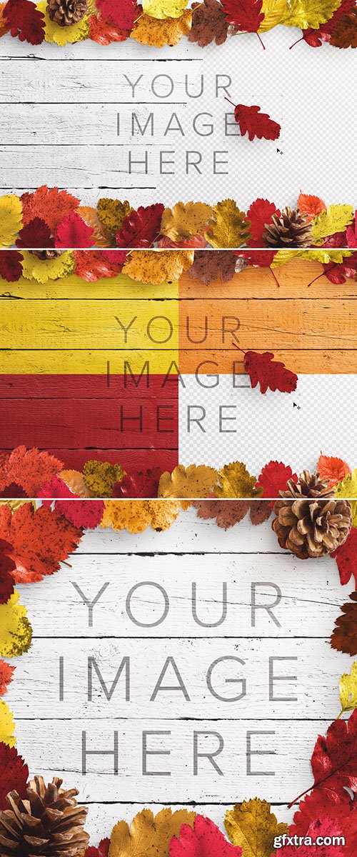 Autumn Leaves on Wood Surface Mockup 289174391