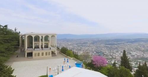 Funicular Restaurant Architectural Landmark in Tbilisi Georgia, Aerial View - 8TYSZLV