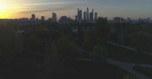 Moscow International City Business Center and Skyline in Sunny Evening. Aerial View - SHPNCDY