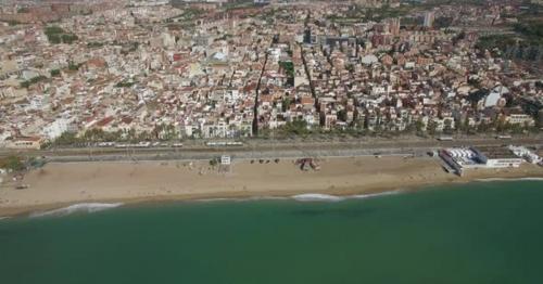 Aerial Panorama of Barcelona with Coast, Spain - SCR2M4A