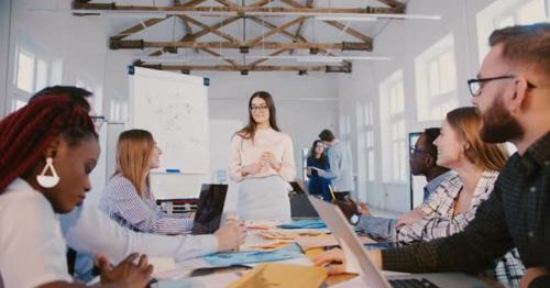 Young Experienced Millennial Business Woman Speaking Before Creative Team of Office Workers - F9RMKDY