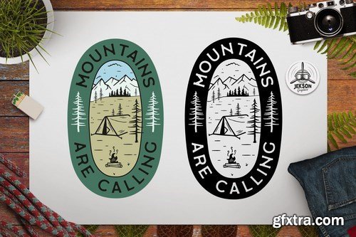 Mountains Calling Logo Retro Camping Badge TShirt