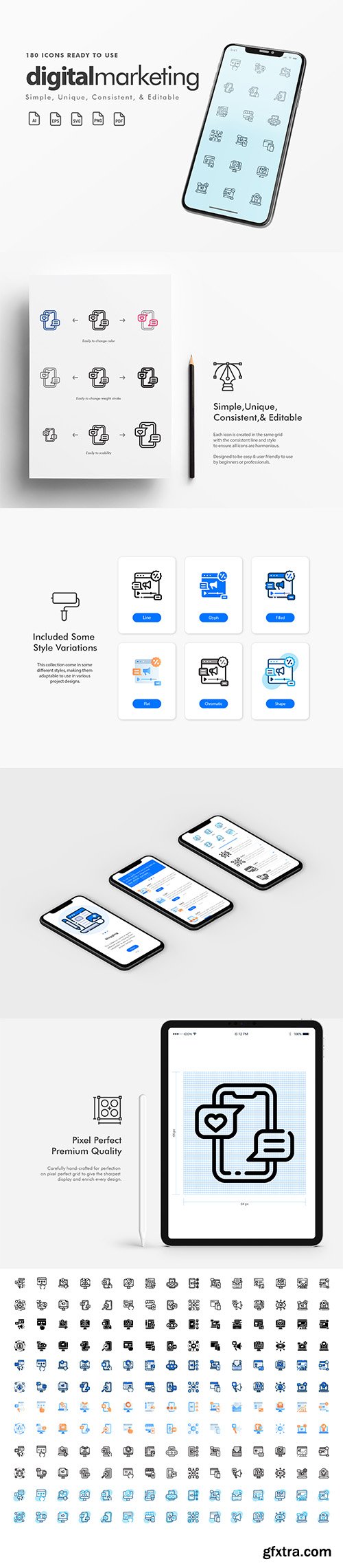 180 Simple, Unique, Consistent & Editable Digital Marketing Icons