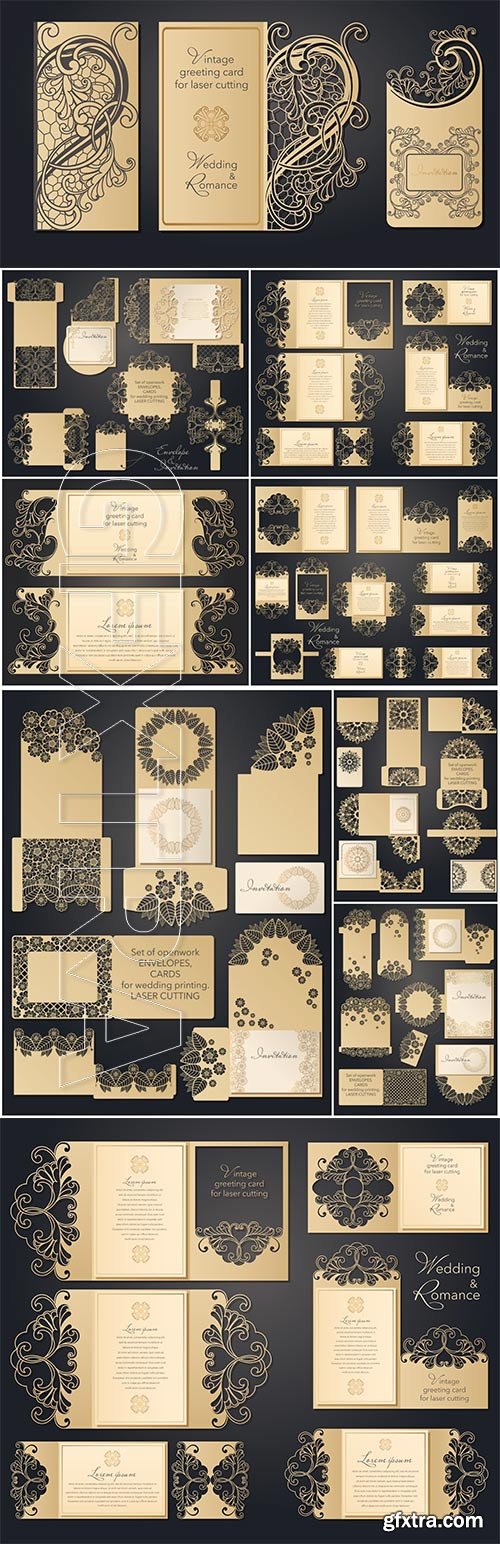 Laser cut wedding invitation template with lace pattern in vintage style