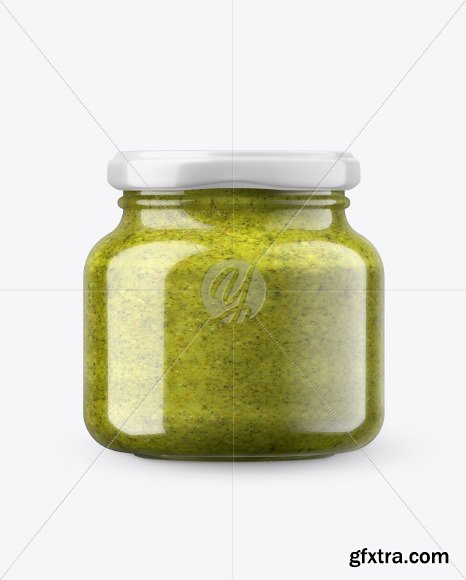 Glass Pesto Sauce Jar in Shrink Sleeve Mockup 50328