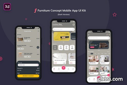 Furniture App UI Kit Dark Version (Adobe XD)