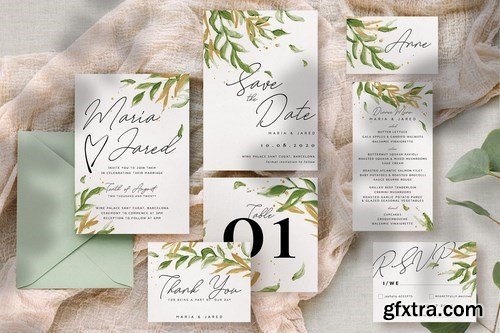 Gold Greenery Wedding Invitation Suite