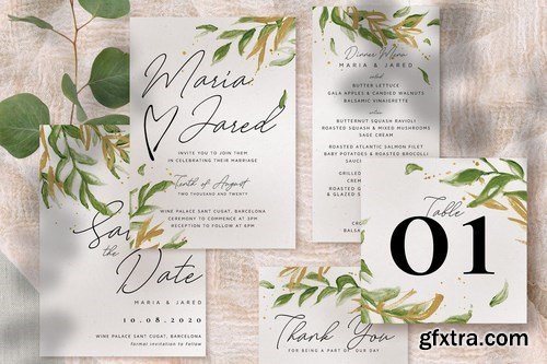 Gold Greenery Wedding Invitation Suite