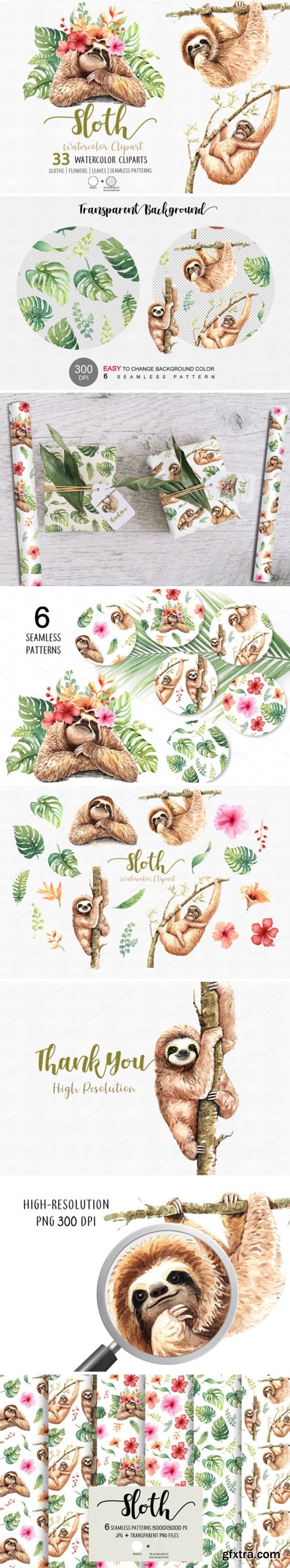 Sloth. Animals Watercolor Cliparts. 1949433