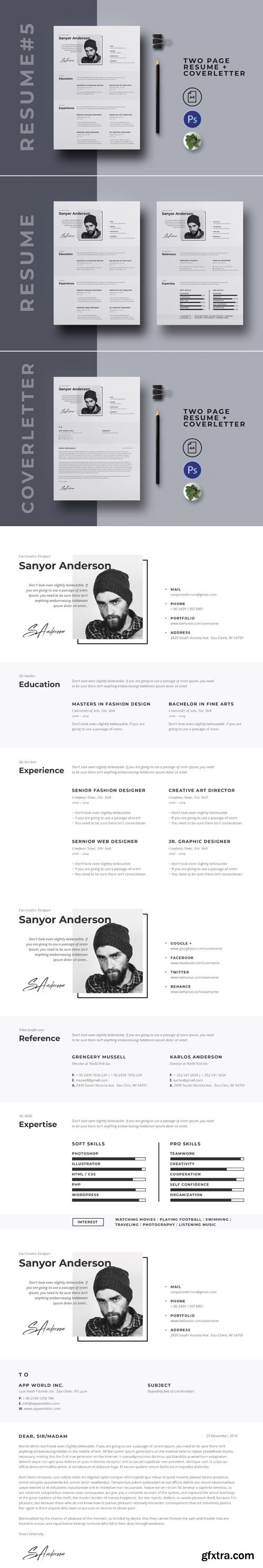 Two-Pages Resume/CV + Cover Letter PSD Templates V5