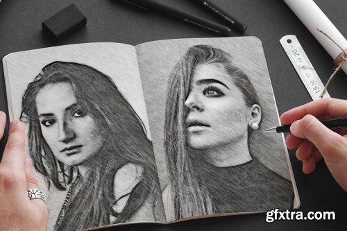 CreativeMarket - Pencil Sketch Portrait PS Action 3754742