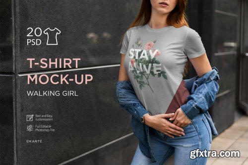 CreativeMarket - T-Shirt Mock-Up Walking Girl 4069918