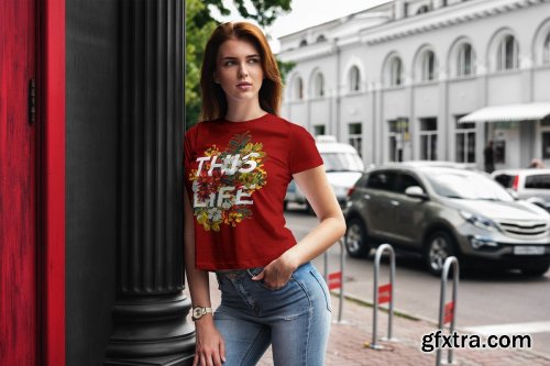 CreativeMarket - T-Shirt Mock-Up Walking Girl 4069918