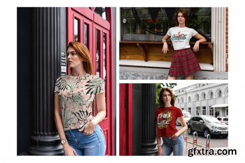 CreativeMarket - T-Shirt Mock-Up Walking Girl 4069918