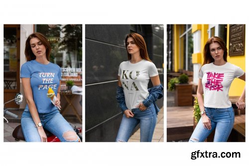 CreativeMarket - T-Shirt Mock-Up Walking Girl 4069918