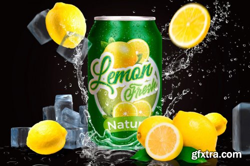 CreativeMarket - Tin Can Water Droplets Lemon Mockup 3754132