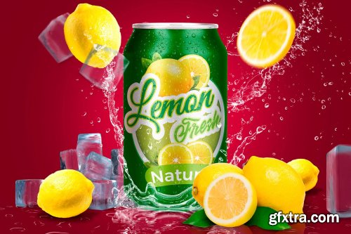 CreativeMarket - Tin Can Water Droplets Lemon Mockup 3754132