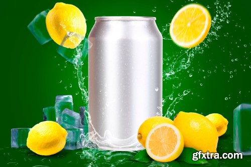 CreativeMarket - Tin Can Water Droplets Lemon Mockup 3754132