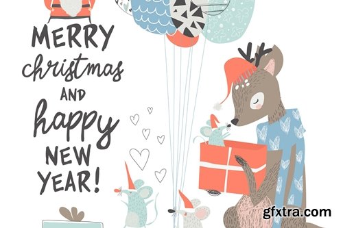 Vector Greeting Christmas card with cute deer and