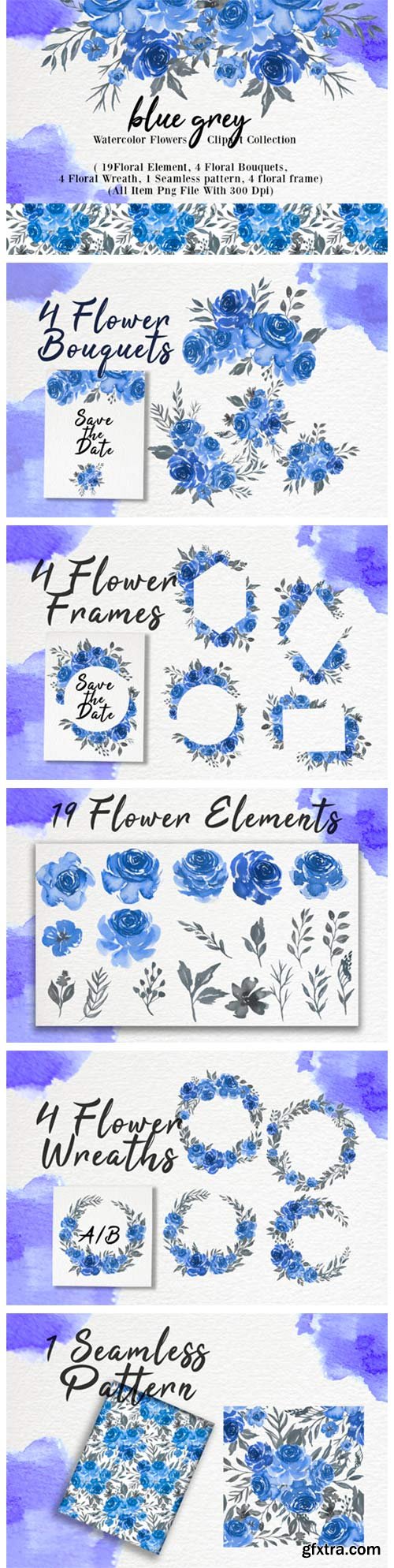 Blue Grey Watercolor Flower Clip-art 1966417