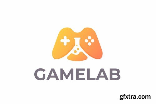 Gaming Joystick and Lab Flask Negative Space Logo