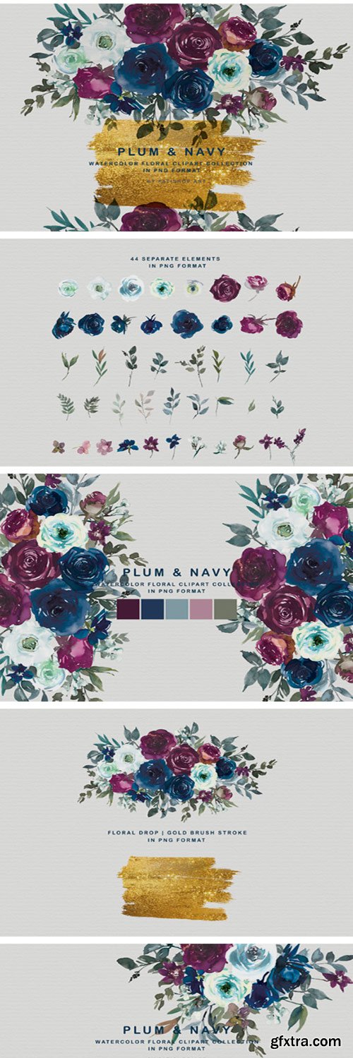 Plum &amp; Navy Floral Clipart PNG Collectio 1996636