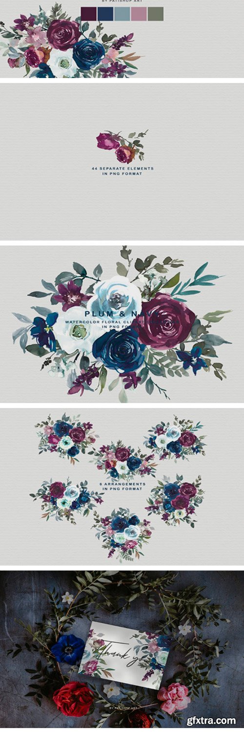 Plum &amp; Navy Floral Clipart PNG Collectio 1996636