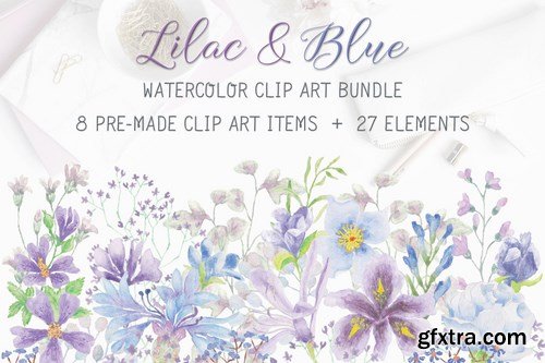 Lilac and Blue Watercolor Clip Art Bundle