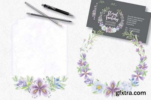 Lilac and Blue Watercolor Clip Art Bundle