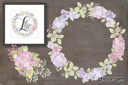 Pastel Hydrangeas Watercolor Clip Art Bundle