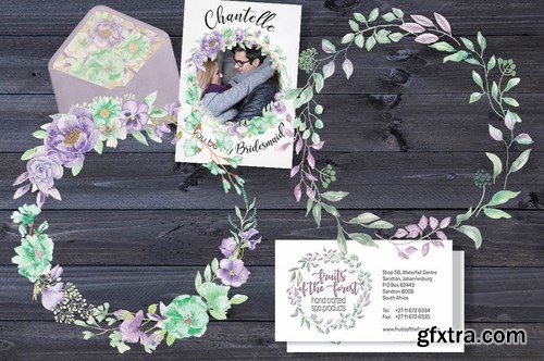 Violet and Mint Watercolor Clip Art Collection