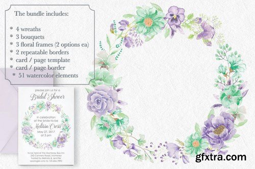 Violet and Mint Watercolor Clip Art Collection