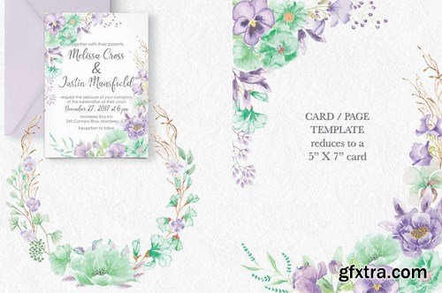 Violet and Mint Watercolor Clip Art Collection