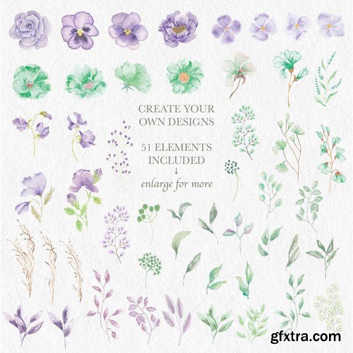 Violet and Mint Watercolor Clip Art Collection