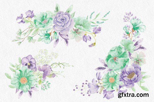 Violet and Mint Watercolor Clip Art Collection