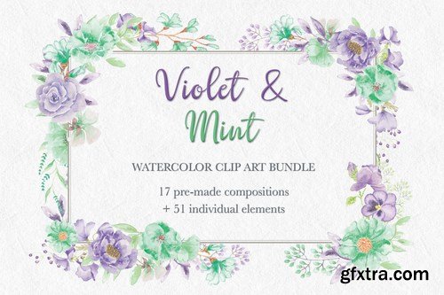 Violet and Mint Watercolor Clip Art Collection