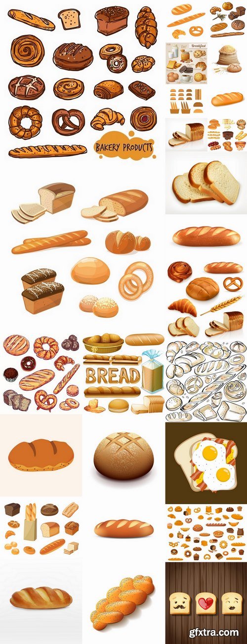 Bread bun croissant bagel bakery products vector image 25 EPS