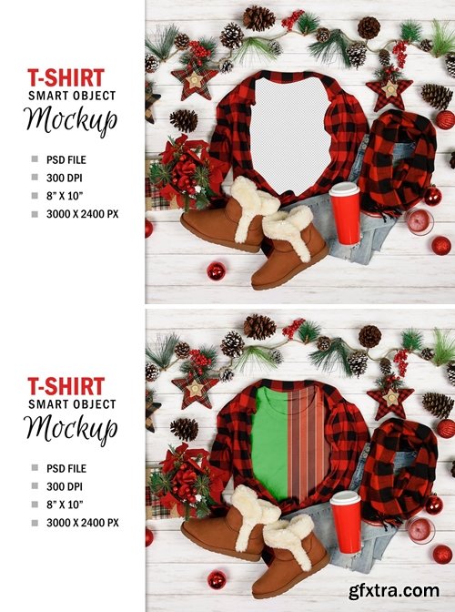 Christmas T-Shirt Mockup Flatlay Photoshop PSD