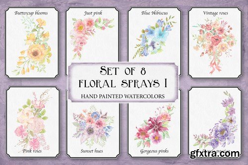 Set of 8 Watercolor Clip Art Sprays