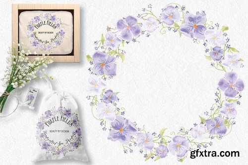 Trio of Watercolor Floral Wreaths in Purple Shades