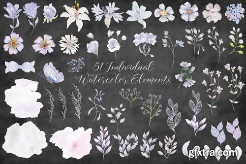 Smoky grey florals watercolor design set