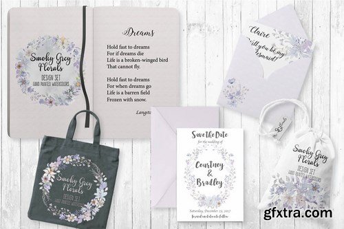 Smoky grey florals watercolor design set