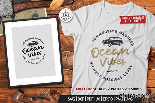 Ocean Vibes, Retro Surfing Print Design, T-Shirt